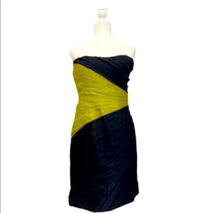 Theia Couture Silk Ruched Strapless Midi Dress